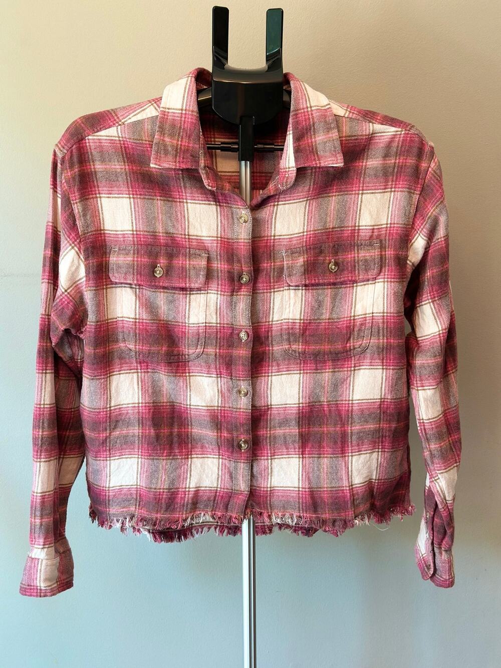 Lucky Brand Plaid Flannel‎ Shirt Womens M Pink Raw Hem Grunge Indie Sleaze